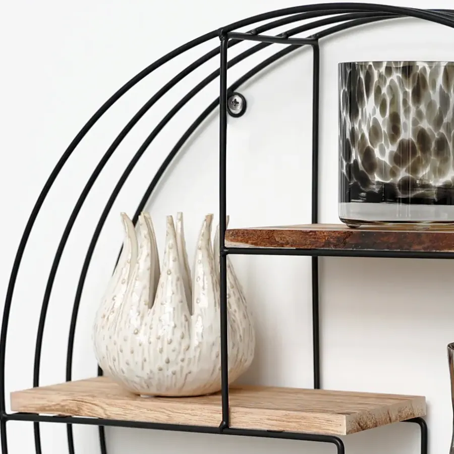 IVOL Zwart metalen wandrek met 4 houten plankjes - Rond - 50x11 cm