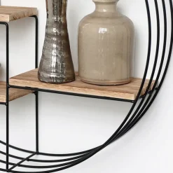 IVOL Zwart metalen wandrek met 4 houten plankjes - Rond - 50x11 cm