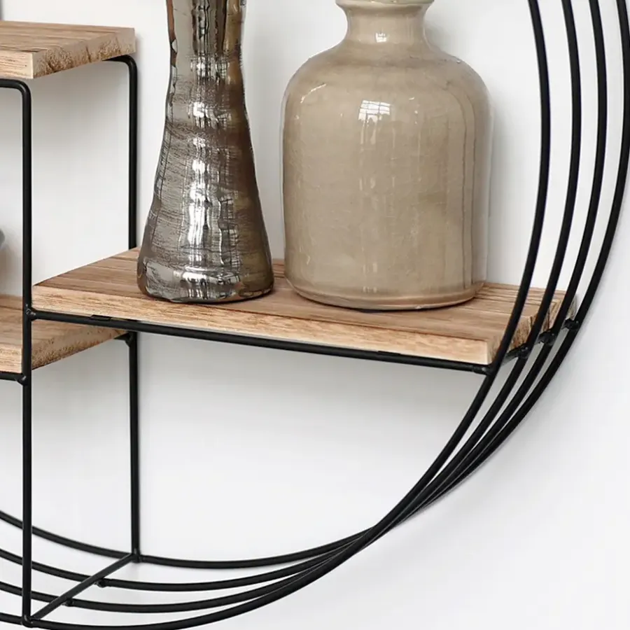 IVOL Zwart metalen wandrek met 4 houten plankjes - Rond - 50x11 cm