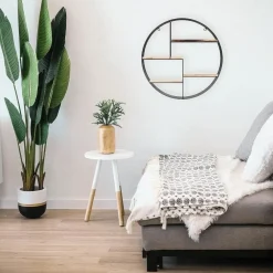 IVOL Zwart metalen wandrek met 4 houten plankjes - Rond - 50x11 cm