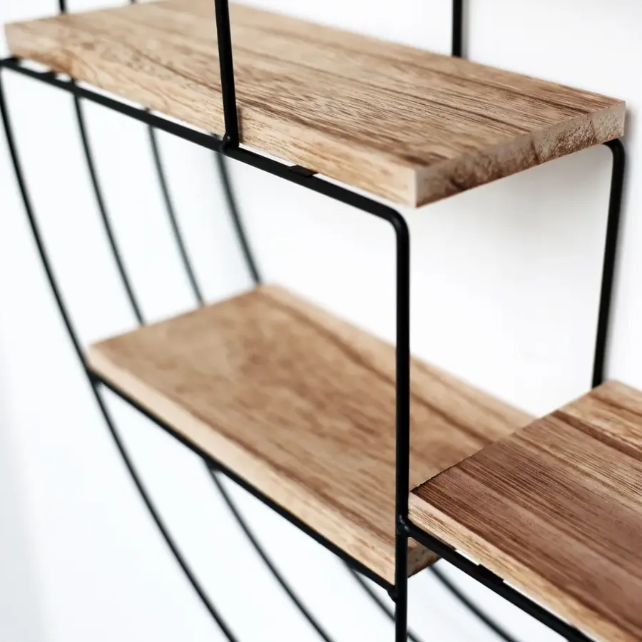 IVOL Zwart metalen wandrek met 4 houten plankjes - Rond - 50x11 cm