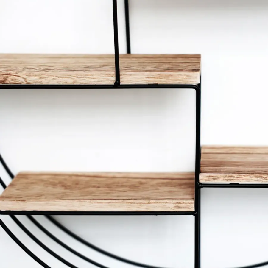 IVOL Zwart metalen wandrek met 4 houten plankjes - Rond - 50x11 cm