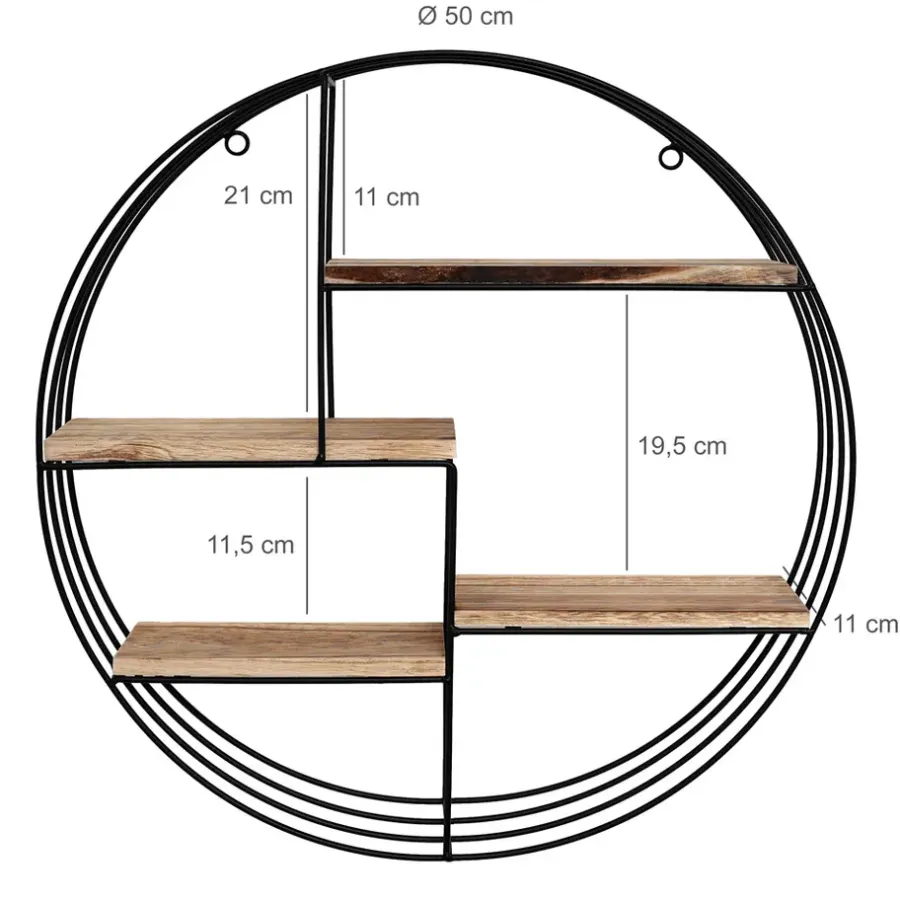 IVOL Zwart metalen wandrek met 4 houten plankjes - Rond - 50x11 cm
