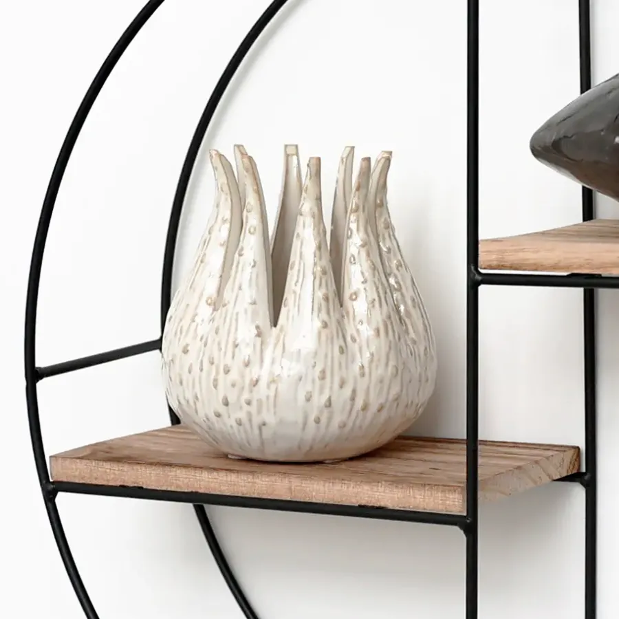 Wandrekken-IVOL Zwart metalen wandrek met 2 houten plankjes - Rond - 37x10 cm
