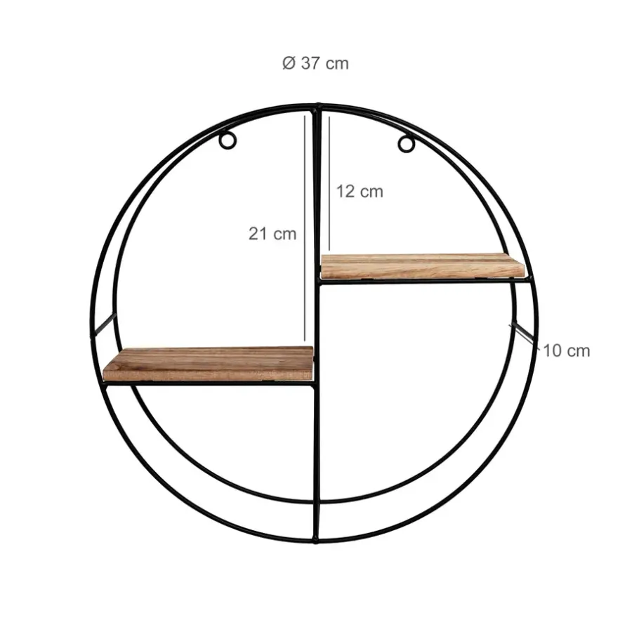 Wandrekken-IVOL Zwart metalen wandrek met 2 houten plankjes - Rond - 37x10 cm