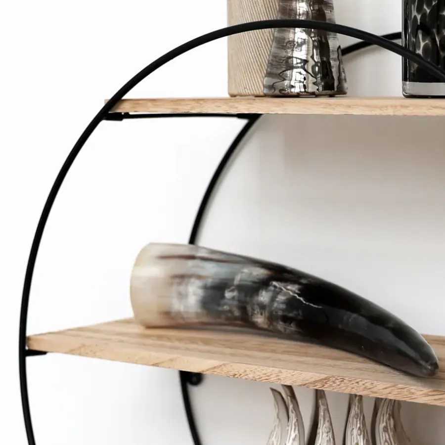 IVOL Zwart metalen wandrek met 3 houten plankjes - Rond - 50x19 cm