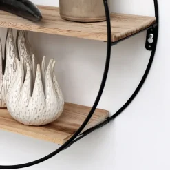 IVOL Zwart metalen wandrek met 3 houten plankjes - Rond - 50x19 cm