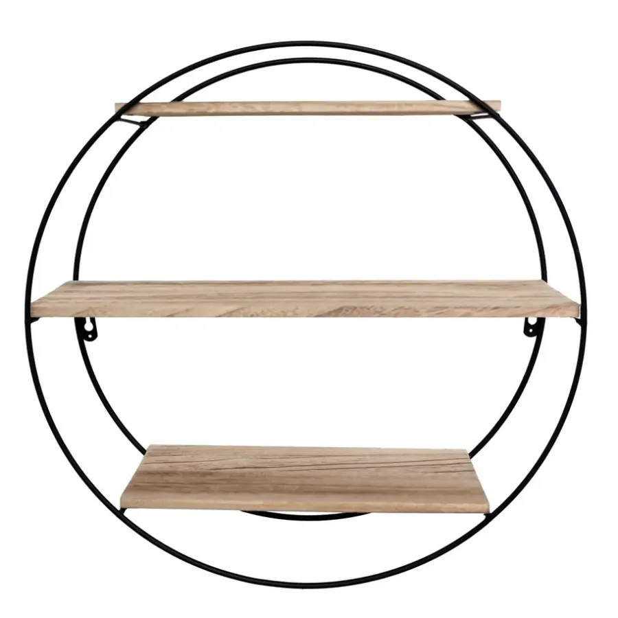 IVOL Zwart metalen wandrek met 3 houten plankjes - Rond - 50x19 cm
