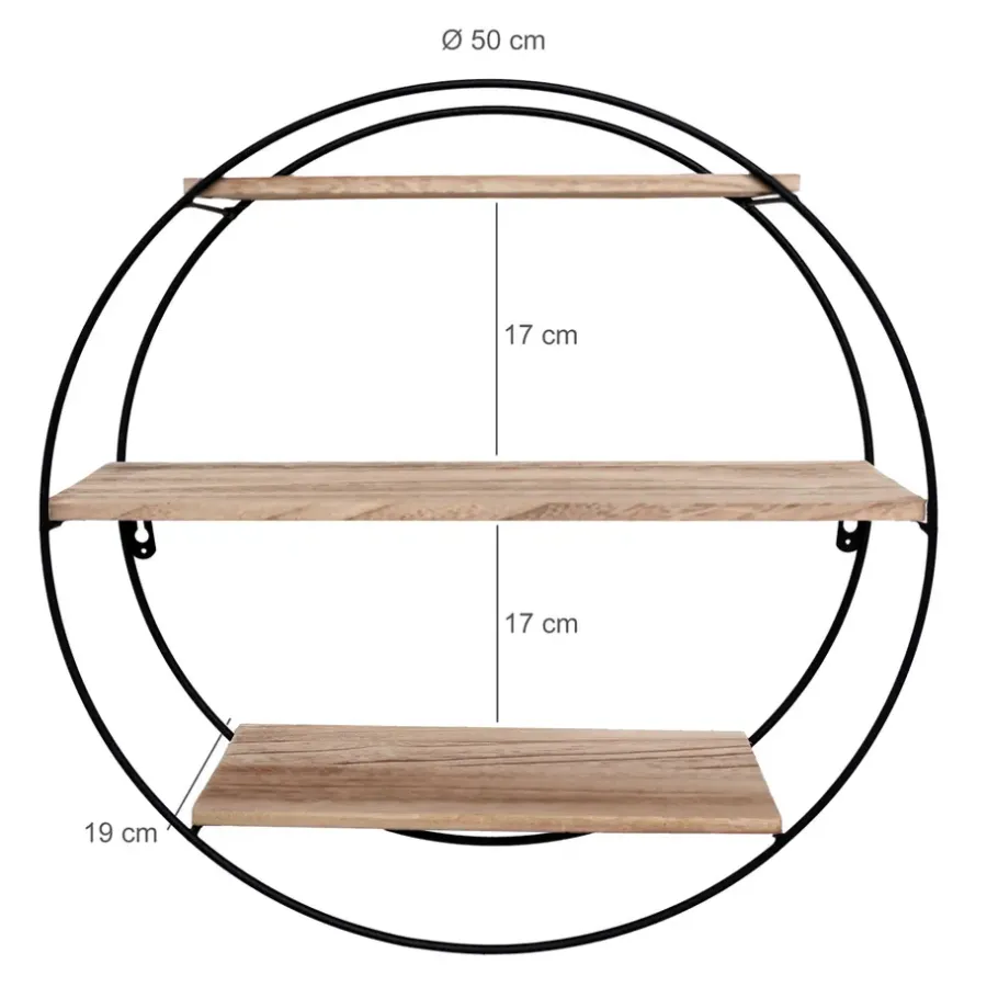 IVOL Zwart metalen wandrek met 3 houten plankjes - Rond - 50x19 cm