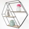 Wandrekken-IVOL Zwart metalen wandrek met 3 houten plankjes - Zeshoek diagonaal