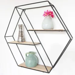 Wandrekken-IVOL Zwart metalen wandrek met 3 houten plankjes - Zeshoek diagonaal