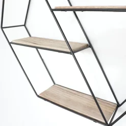 Wandrekken-IVOL Zwart metalen wandrek met 3 houten plankjes - Zeshoek diagonaal