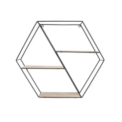 Wandrekken-IVOL Zwart metalen wandrek met 3 houten plankjes - Zeshoek diagonaal