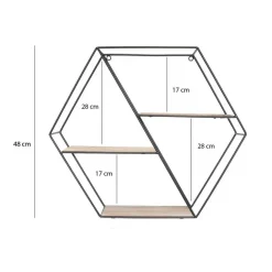 Wandrekken-IVOL Zwart metalen wandrek met 3 houten plankjes - Zeshoek diagonaal