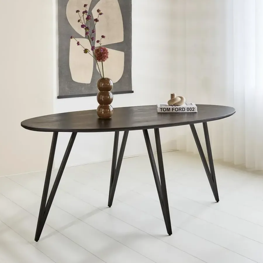 Industriële Eettafels|Ovale Eettafels-Dimehouse Zwart ovale eettafel Cesar 170x90 cm - Mangohout - Zwart