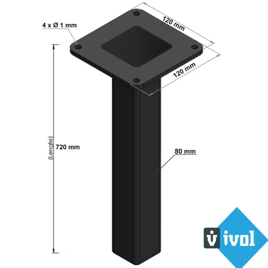 IVOL Zwarte Tafelpoot Vierkant - 80 x 80 x 720 mm